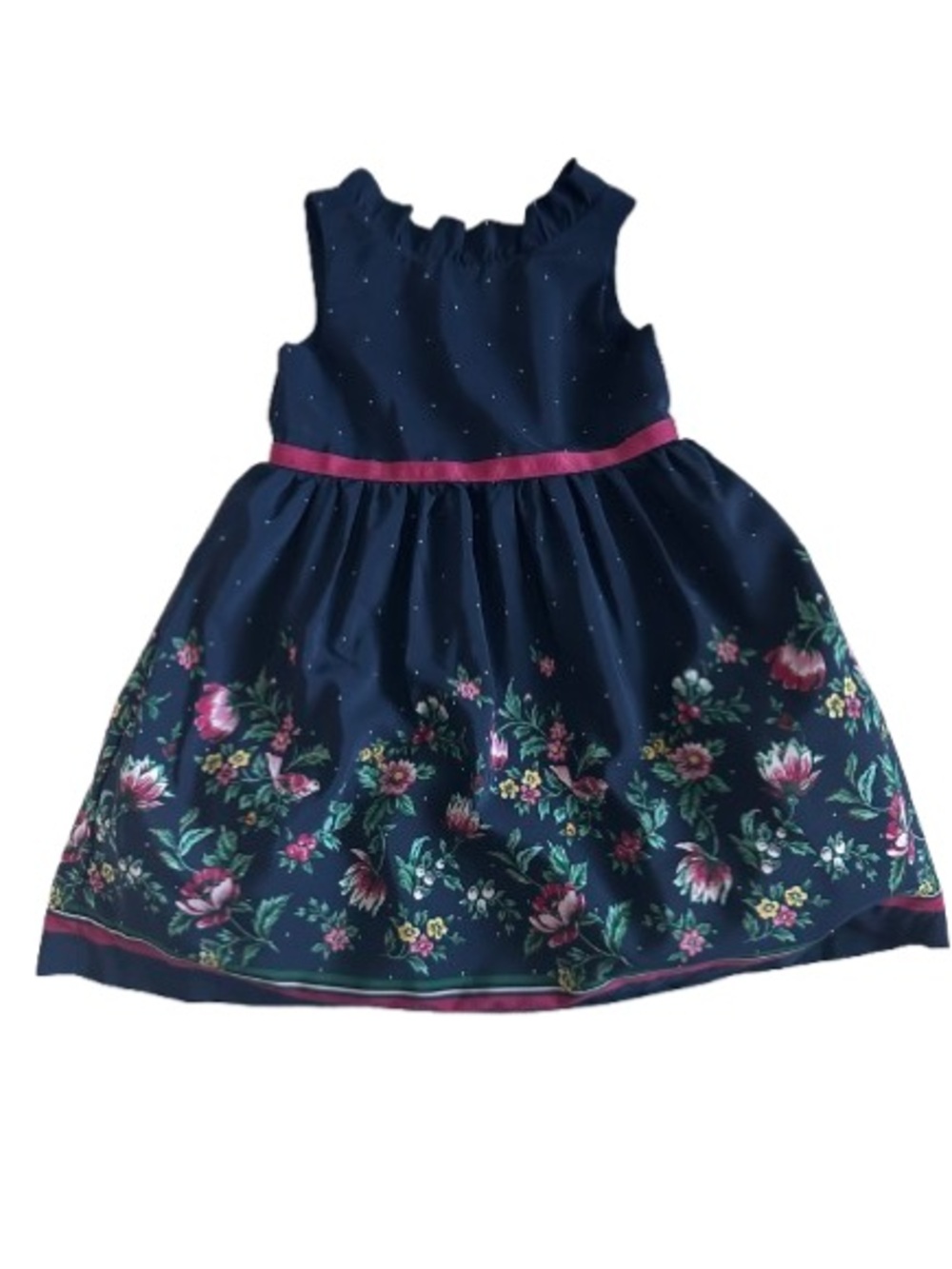 Janie & Jack Toddler Girl 18-24M Navy Floral Ruffle-Neck Dress & Pink Waistband